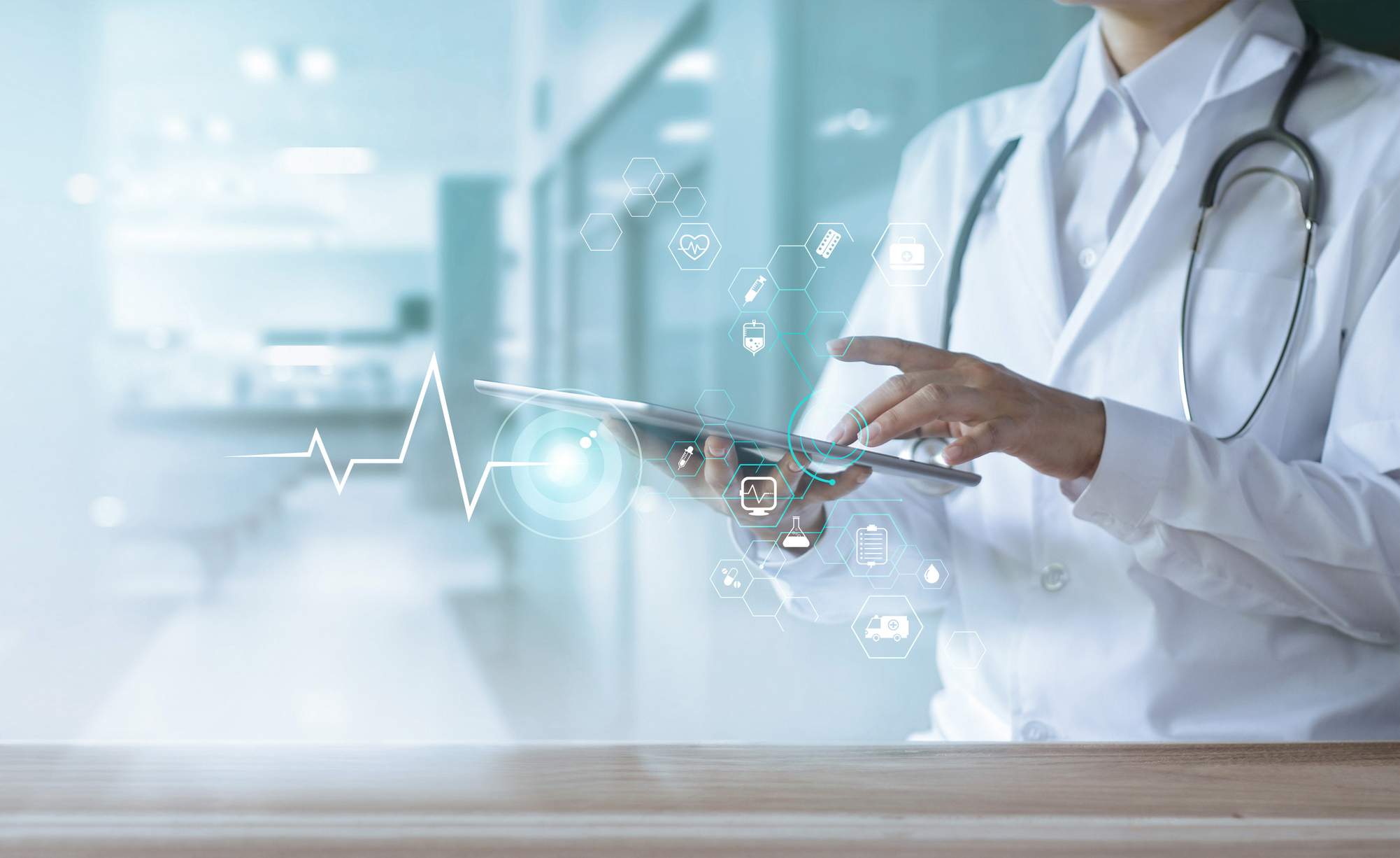 Healthcare and technology, Doctor using digital tablet with icon medical network on hospital background